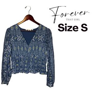 Forever That Girl Anthropologie Size S Blue Boho Smocked 100% Cotton Top EUC